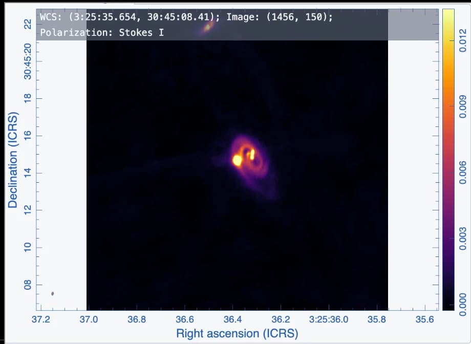 Millimetre continuum image of IRS3B showing a bright compact double source within a fainter extended envelope.